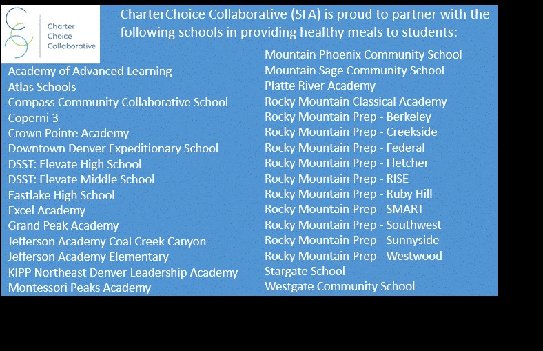 CharterChoice partner schools include Academy of Advanced Learning, Atlas  Schools, Compass Community Collaborative School, Coperni 3, Crown Pointe Academy, Downtown Denver Expeditionary School, DSST: Elevate High School, DSST: Elevate Middle School, Eastlake High School, Excel Academy, Grand Peak Academy, Jefferson Academy Coal Creek Canyon, Jefferson Academy Elementary, KIPP Northeast Denver Leadership Academy, Montessori Peaks Academy, Mountain Phoenix Community School, Mountain Sage Community School, Platte River Academy, Rocky Mountain Classical Academy, Rocky Mountain Prep - Berkeley, Rocky Mountain Prep - Creekside, Rocky Mountain Prep - Federal, Rocky Mountain Prep - Fletcher, Rocky Mountain Prep - RISE, Rocky Mountain Prep - Ruby Hill, Rocky Mountain Prep - SMART, Rocky Mountain Prep - Southwest, Rocky Mountain Prep - Sunnyside, Rocky Mountain Prep - Westwood, Stargate School, Westgate Community School